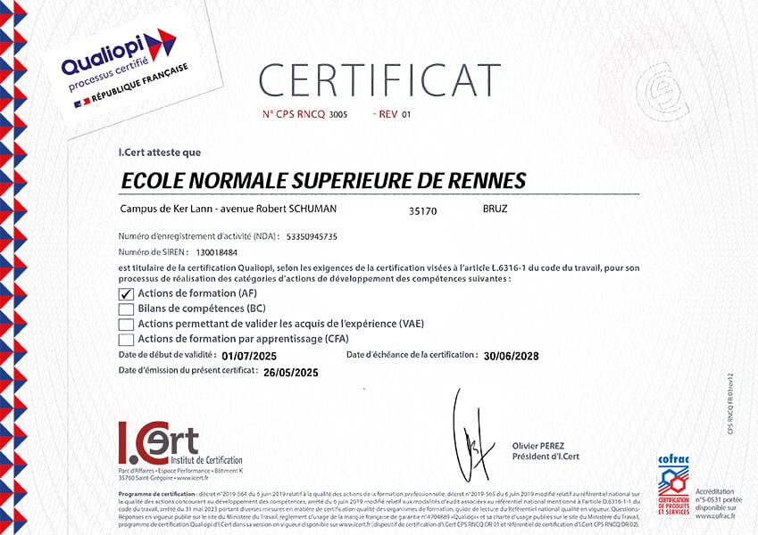 Certificat Qualiopi - ECOLE NORMALE SUPERIEURE DE RENNES Qualiopi SUNI-PFT